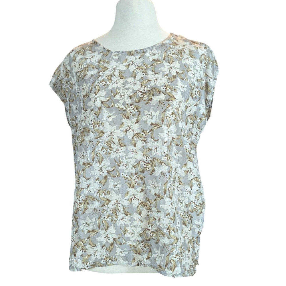 Vintage 100% Silk Floral Blouse Neutral Botanical Print Lightweight Top L. BICHE